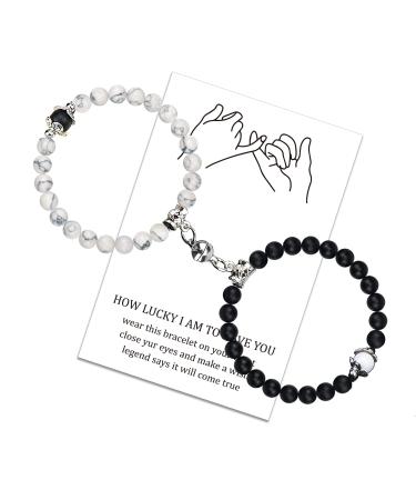 Luokifur Heart Magnetic Tar Bound for couples Adjustable pearl magnetic hardship women matt stone bracelets for friend friend lover gift black-white (z)