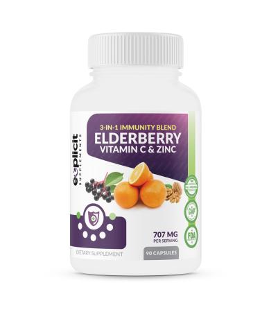 All Natural Elderberry Vitamin C & Zinc Supplement - Triple Immunity Booster - Extra Strength 3 Month Supply - Supports Immune Health - Made in USA