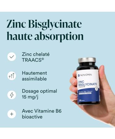 TRAACS Zinc Bisglycinate 15 mg + Bioactive Vitamin B6 | High Absorption & High Zinc Content | Immunity & Acne Dietary Supplement | 120 Capsules | Made in France | NOVOMA (formerly Nutrivita) - Buy Online on GoSupps.com