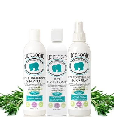 LiceLogic Repel Lice Prevention Shampoo Conditioner & Spray 3 Pc Kit 8oz Rosemary Mint - Kill Super Lice Kills Eggs & Nits Prevents & Repels Lice Not Toxic Naturally Derived Licezyme