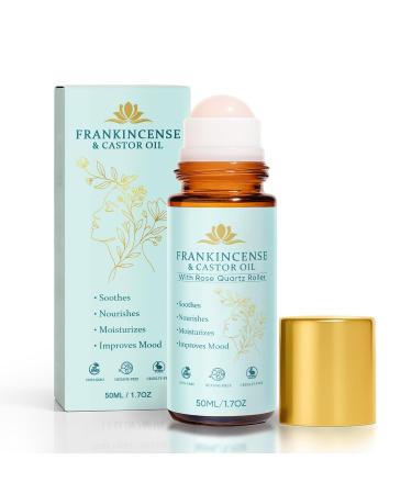 Frankincense and Castor Oil Rose Quartz Roller Castor Oil Roll On Organic Cold -Pressed Firms Skin Reducing Fine Lines Suitable for Face Neck Abdomen 50ML/1.7OZ