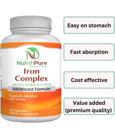 NutritiPure Iron Complex Capsules - Non-Constipating Carbonyl Iron with Quatrefolic B12, B6 & Vitamin C - 60 Caps for Women & Men - Buy Online on GoSupps.com