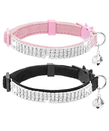 EXPAWLORER Cat Collar Breakaway with Bells - 2 Pack Rhinestones Bling Diamante Collars - Soft Velvet Safe Adjustable Shing Collar for Cats Kitty Girls and Small Dogs Black + Pink