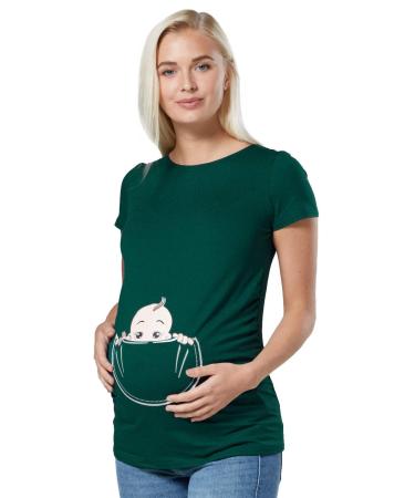 HAPPY MAMA. Women's Maternity Baby in Pocket Print T-Shirt Top Tee Shirt. 501p 14-16 Dark Green
