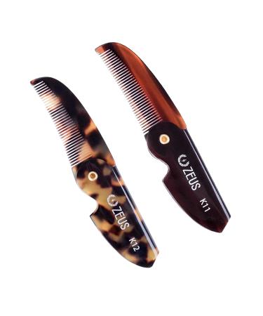 ZEUS Folding Mustache Comb, Handmade Saw-Cut Best Moustache Pocket Comb - (2 Pack - Traditional/Tortoiseshell)