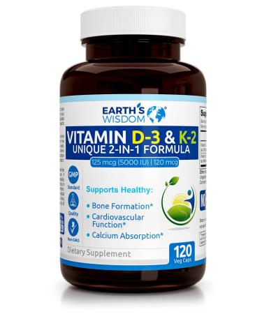 Earth's Wisdom Vitamin D3 5000 IU with K2 (MK7) Formula. Muscle Bone Heart & Immune Support. Superior Absorption. 120 Capsules. Free from Gluten Dairy Soy. Non-GMO. Made in USA.