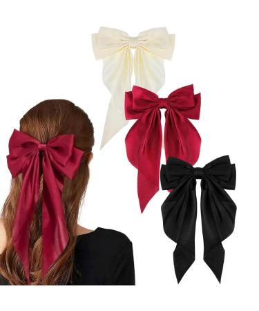 Hair Clips 3 Pcs Silky Satin Big Hair Bow Clips Barrettes with Long Tail French Hair Ribbon Bows for Women Girls Hair Ribbon Barrettes Metal Clips Bowknot Aesthetic Hair Accessories (Black White Red)