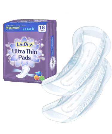 LivDry Incontinence Ultra Thin Pads for Women | Leak Protection and Odor Control | Extra Absorbent (Maximum 18-Count) Maximum (18-count)