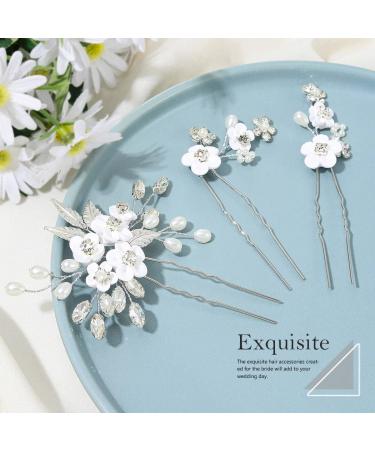 Unicra Silver Flower Hairpins - Crystal & Pearl Hair Accessories for Weddings | 3-Piece Set for Brides & Bridesmaids - Buy Online on GoSupps.com