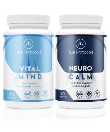 TRUE PROTOCOLS - Brain Protocol (2 items) - Neuro Calm (90 Capsules) and Vital Mind (90 Capsules) Combo Pack - For Optimal Cognitive Health Mood Balance & Brain Function - 100% Non-GMO Supplement