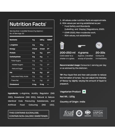 L-Arginine Supplement Cola Flavor Pre Workout Amino Acid for Endurance Muscle Building Healthy Immune System Powder - 120g - Buy Online on GoSupps.com