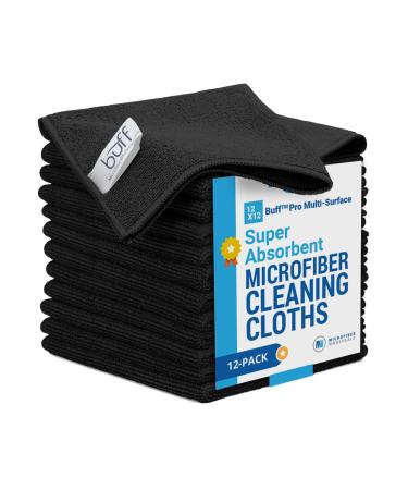 12" x 12" Buff Pro Multi-Surface Microfiber Cleaning Cloths | Black - 12 Pack | Premium Microfiber Towels for Cleaning Glass, Kitchens, Bathrooms, Automotive, Supplies & Products Black 12 Count (Pack of 1)