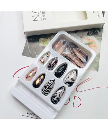 24 Pcs Medium Stiletto Almond Press on Nails - Black & White Punk Design Glue on Acrylic Full Cover - Gothic Anime Cartoon False Nails for Women & Girls - Buy Online on GoSupps.com