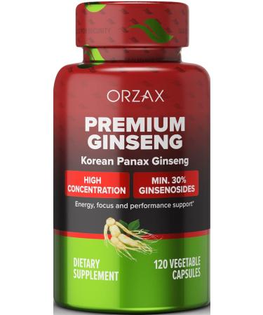 ORZAX Ginseng, 30% Ginsenosides, Premium 120 Vegetable Capsules, Panax Ginseng 1000 mg, Korean Red Ginseng for Energy Boosting, Support Focusing and Performance, Gluten-Free Energy Supplement