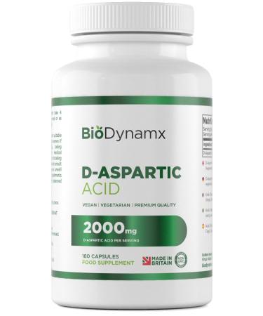 BioDynamx D Aspartic Acid | 180 D-Aspartic Acid Capsules - 500mg per Capsule D Aspartic Supplement | Non-GMO Gluten Dairy & Allergen Free | Manufactured in The UK