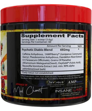 Insane Labz Psychotic Diablo Thermogenic Fat Burner for Men and Women - AMPiberry Fueled with Grains of Paradise, Theobromine, Dandelion Root Extract - Appetite Suppressant - 60 Servings - Buy Online on GoSupps.com