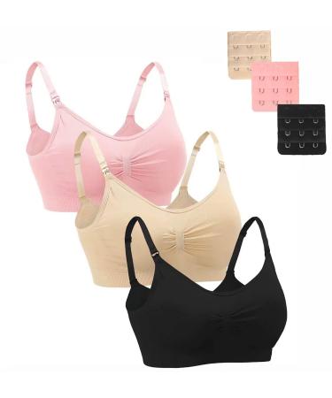 Dreamburn Maternity Nursing Bra Wireless Seamless Comfortable Breastfeeding Bras 4 Rows Adjust Hook with Removable Spill Prevention Pads Add Extenders L Black+biege+pink Style1