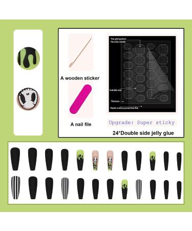 24Pcs Halloween Coffin Fake Nails - Black & White Stripes with Ghost Design | Glossy Stick on Acrylic Nails for Women & Girls - Buy Online on GoSupps.com