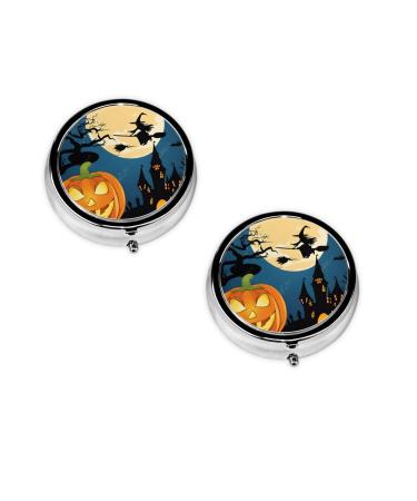 (Pumpkin Halloween) Round Pill Box 3 Compartment Pill Box Mini Decorative Pocket Purse Portable Travel Medicine Tablet Vitamin Holder Organizer Pill Case
