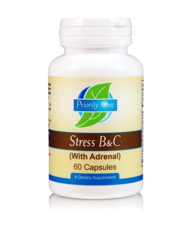 Priority One Vitamins Stress B & C 60 Capsules - B Complex with Whole Gland Adrenal to Support Healthy Nerves Skin Eyes gastrointestinal and Brain Functions.*