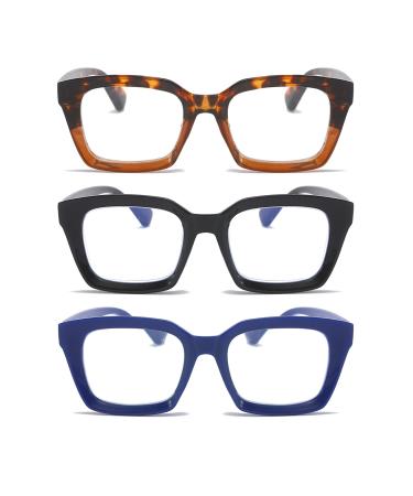 MMOWW 3-pack anti Blue light Reading glasses women and men rectangular anti-fatigue square computer glasses +1.0 black+leopard+blue 1.0 diopters