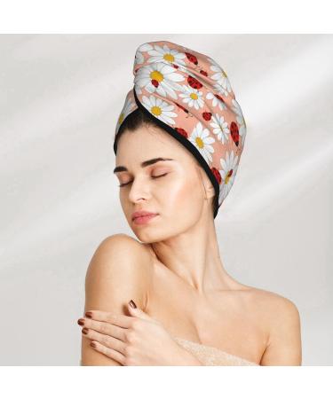 Hair Towel Wrap - Quick Drying Towel Turban with Button | Floral Daisy & Ladybug Design - Buy Online on GoSupps.com
