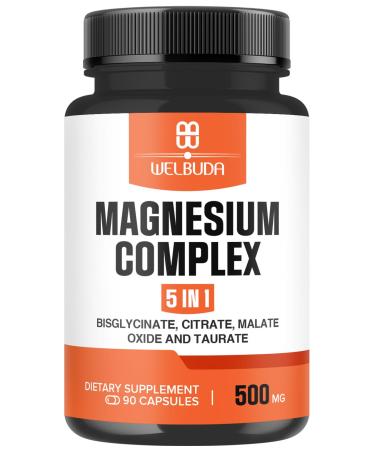 5in1 Magnesium Complex Supplement with 20% Purified - 500mg of Magnesium Bisglycinate Citrate & More for Muscle Relaxation Mood Bone Health & More - 90 Capsules