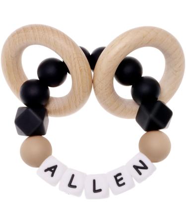 Personalized Name Baby Keepsake Rattle  Ausbay Customizable Rattle Teether Toys with Premium Beech Wood Rings for Girls Baby Shower(Black)