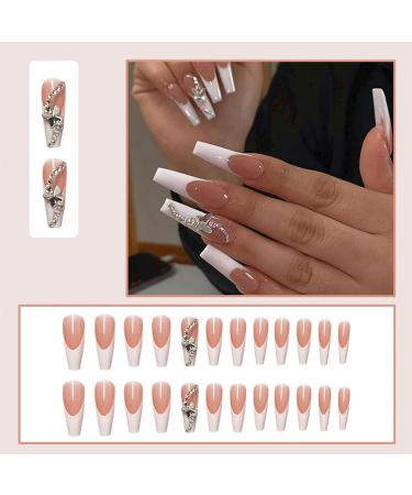 Maggidea Long Acrylic Stick on Nails - 24pcs Coffin Shaped Ballet French Design Fake Nails for Women/Girls - Butterfly Nail Tips - Buy Online on GoSupps.com