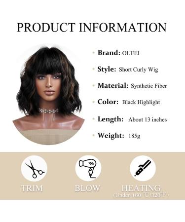 OUFEI Black Highlight Bob Wig for Women - Short Wavy Synthetic Hair Heat Resistant Daily Party Cosplay Wig - 13 Inches Dark Brown Highlight - Buy Online on GoSupps.com