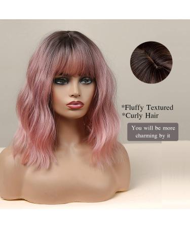 Esmee 14 Inch Short Pink Wig with Bangs for Women - Natural Synthetic Ombre Wig with Dark Roots, Loose Wavy Style for Cosplay and Parties - Buy Online on GoSupps.com