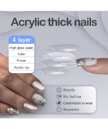 Yivaiks Silver Glitter Press-On Nails | Medium Square Acrylic Glue-On Nails for Women & Girls | Short Fake Nails for Office & Home - 230228-Silver Sequins - Buy Online on GoSupps.com