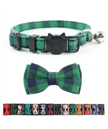Cat Collar Breakaway with Bell and Bow Tie, Plaid Design Adjustable Safety Kitty Kitten Collars(6.8-10.8in) Green Plaid