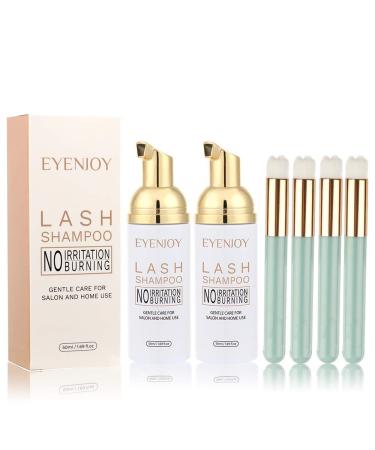 Eyenjoy Eyelash Extension Shampoo 2 Bottle 50ml with 4 Brush Kit,Eyelid Foaming Cleanser,Lash Cleanser for Extensions Mascara Remover For Sensitive Skin-For Home & Salon Use