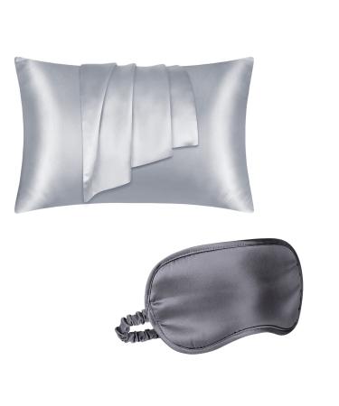 LULUSILK Grey Mulberry Silk Pillowcase for Hair and Skin and Silk Sleep Mask Set