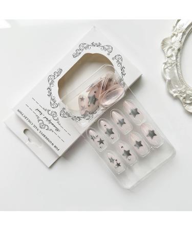 Almond Rhinestone Press on Nails - Medium Silver Stars False Nails with Glossy Nude Acrylic Design (24pcs) - Buy Online on GoSupps.com