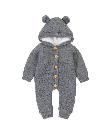 VICROAD Baby Hooded Knitted Rompers Newborn Girls Boys Onesies Warm Sweater Jumpsuit Outfits 6-12 Months Grey - Thick