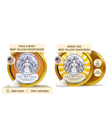Beef Tallow Sunscreen SPF 30 & Eat My Face Quick Absorb Moisturizer Set Grass Fed Beef Tallow Skincare Duo for Daily Protection & Hydration Non-Greasy Natural & Chemical Free 4oz Each