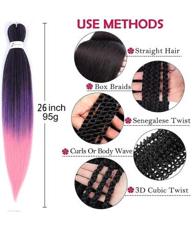 Pre-stretched Braiding Hair 26" Easy Braid 6 Packs Professional Kanekalon Synthetic Fiber Crochet EZ Braids Yaki Texture Braiding Hair Extensions (1B/Purple/Pink) 26 Inch (Pack of 6) T1B/Purple/Pink - Buy Online on GoSupps.com