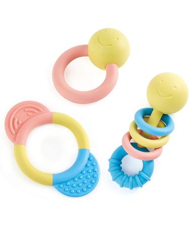 Hape Rattle & Teether Collection | 3-Piece Rattle & Teething Set for Babies  Soft Colors