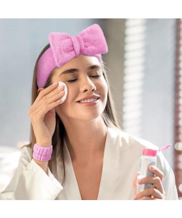 AOMIG Spa Headbands for Women - Fluffy Elastic Bowknot Hair Bands Set with Wrist Straps - Pink - Buy Online on GoSupps.com