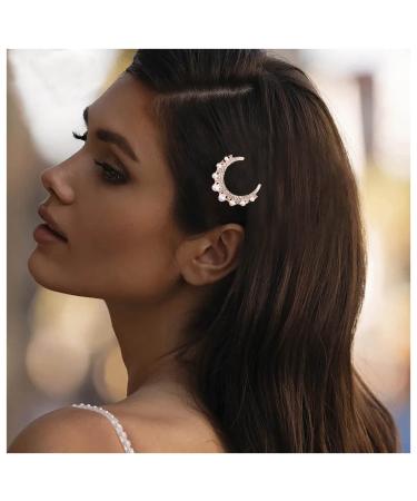 Inilbran Boho Crystal Pearl Moon Hairpin Clip Vintage Cz Crescent Moon Hair Barrette Clip Gold Rhinestone Pearl Hair Clip Hairpin Decorative Bobby Pins Pearl Bride Hair Accessories for Women