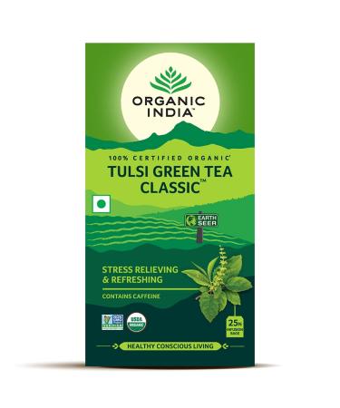 Organic India Tulsi Green Tea - 18 Infusion Bags (1.21 oz) | Stress Relief & Wellness - Buy Online on GoSupps.com