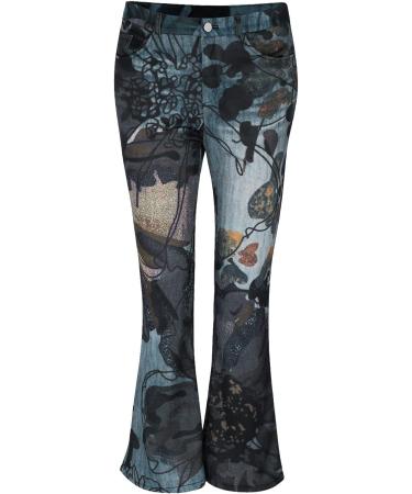 Floral Print Flare Jeans for Women | Curvy Fit Bootcut | High Waist Y2K Denim Pants | Blue | 4X-Large - Buy Online on GoSupps.com