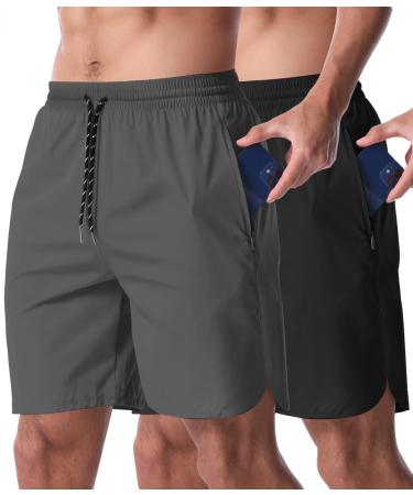 CANGHPGIN Men's Workout Athletic Running Shorts 7 inch Lightweight 2 Pack Basketball Sports Gym Shorts with Pockets Ablack+dark Grey Large