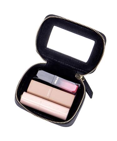Aileder mini-lipstick case with mirror real leather small travel make-up cosmetic bag storage bag for women and girls black