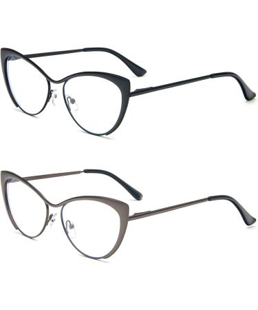 Kokobin Cat Eyes Reading Glasses - 2 Pack Metal Frame Anti-Blue Light Spring Hinge - Stylish Reading Glasses for Men & Women (Black & Gray) - 2 Diopters - Buy Online on GoSupps.com