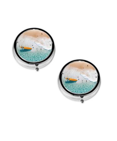 (Romantic Beach) Round Pill Box 3 Compartment Pill Box Mini Decorative Pocket Purse Portable Travel Medicine Tablet Vitamin Holder Organizer Pill Case
