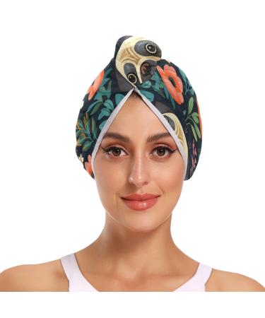 Flowers Leaf Pug Hair Towel 2 Pack Super Absorbent Hair Drying Towel Quick Dry Hair Turbans Head Towel with Button Twisty Wrap for Women Girls