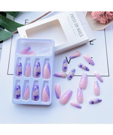 Medium Length Square Coffin Nude Fake Nails with Purple Butterfly 3D Rhinestones - 24Pcs - Buy Online on GoSupps.com